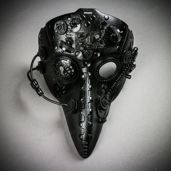 Long Nose Plague Doctor Steampunk Masquerade Mask - Black - Picture 2 of 9